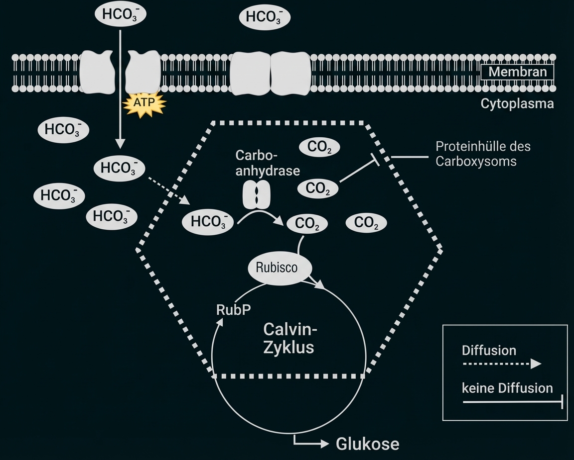 Diagramm: HCO3− wird ins Carboxysom transportiert, dort zu CO2 umgewandelt; Rubisco im Calvin‑Zyklus erzeugt Glukose.